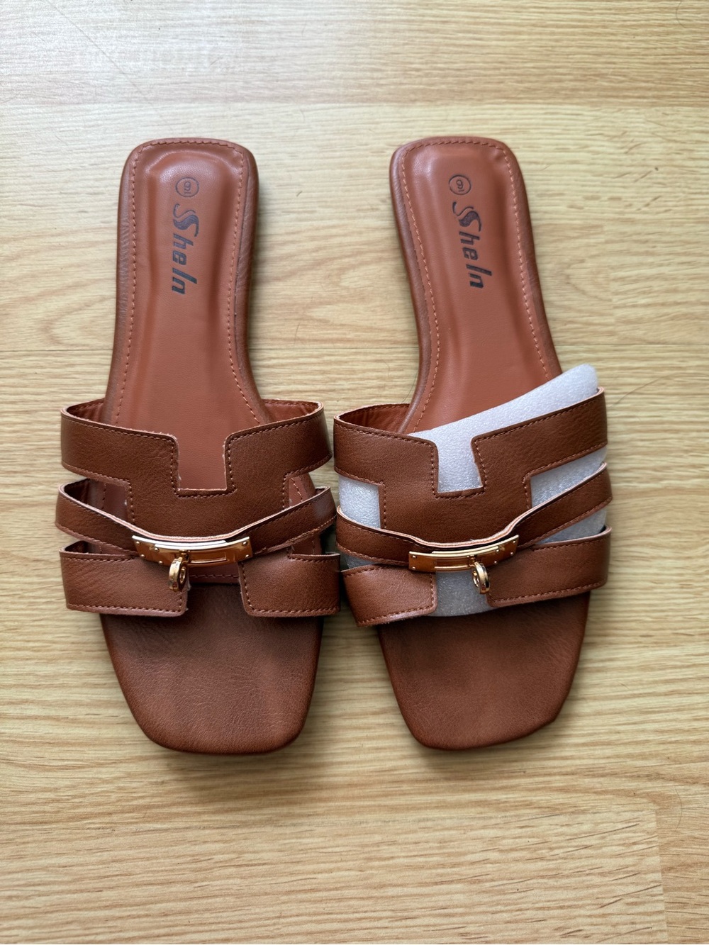 SHEIN Brown and White Slide Sandals with Gold Accent size 9